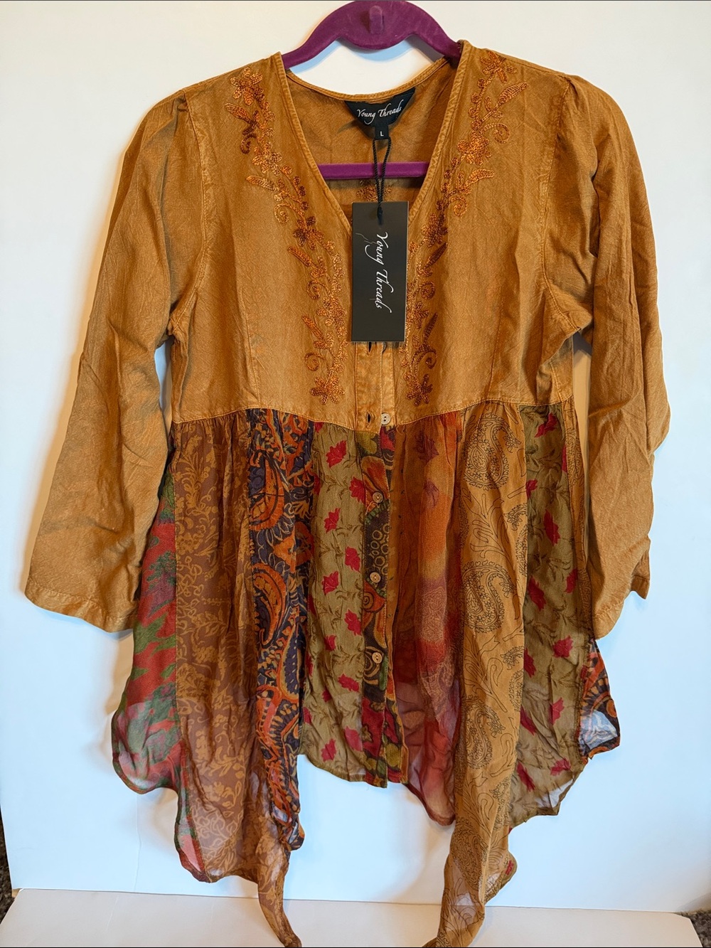 Vintage-Inspired Mustard Embroidered Tunic Top by Young Threads